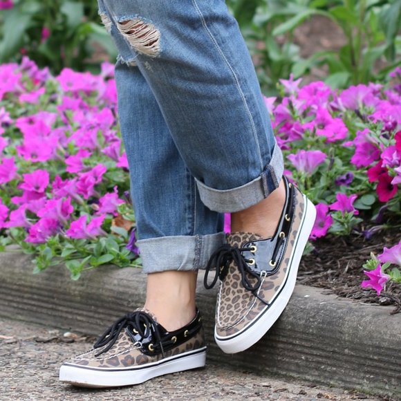 Sperry Leopard Biscayne Patent Leather Top Sider Boat Shoe Tan Black 10 - Picture 2 of 13